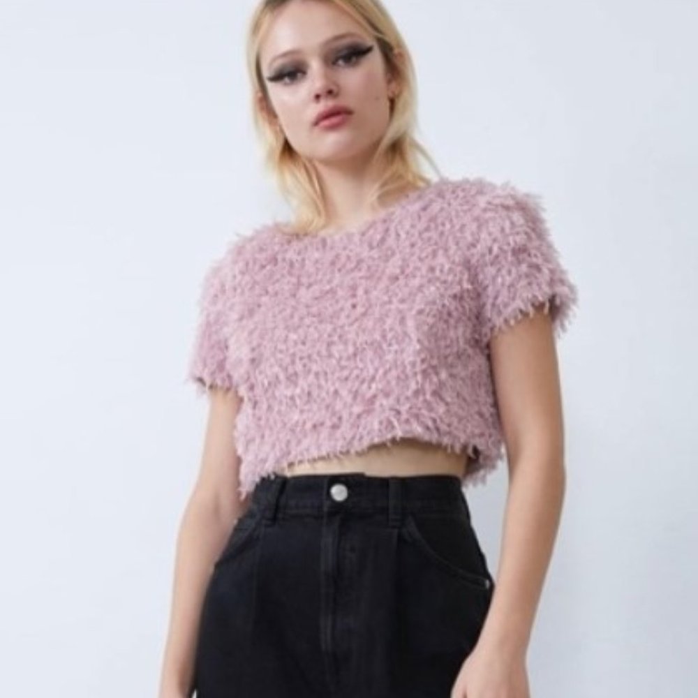 NWT Zara faux lilac Purple Feather fluffy Fun crop top Medium